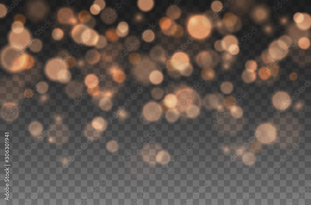 Bokeh lights effect isolated on transparent background. Vector Christmas glowing yellow and orange overlay sparkle texture. - obrazy, fototapety, plakaty 