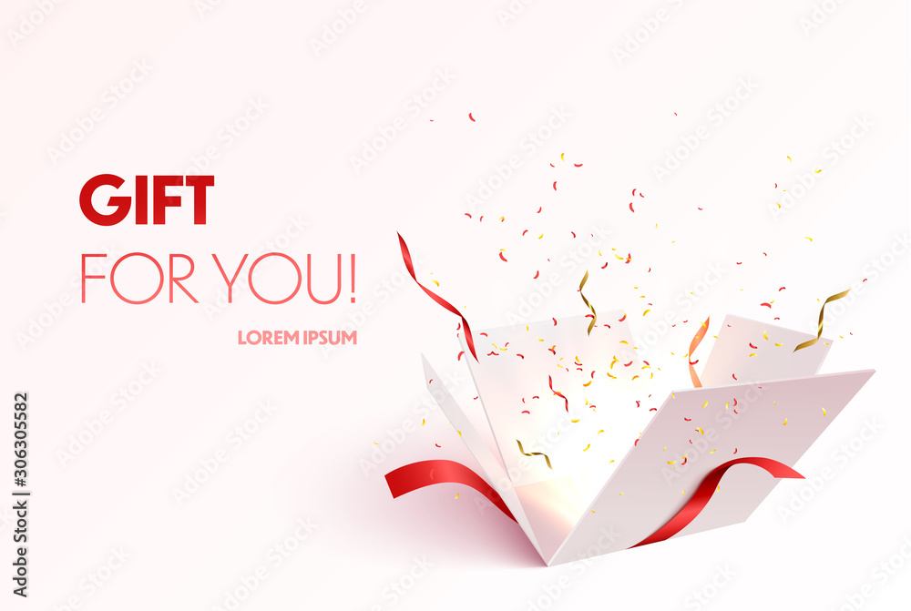 Open gift box with confetti burst explosion isolated. 3d vector background. - obrazy, fototapety, plakaty 