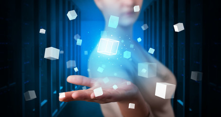 Aufkleber - Person holding hologram projection displaying white cubes in server room