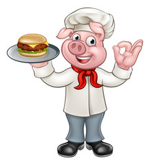 Canvas Print - A cartoon character pig chef holding a cheese burger or hamburger on a plate