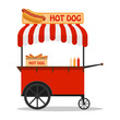 Hot dog, street cart. Fast food hot dog cart and street hot dog cart. Hot dog cart street food market, stand vendor service.