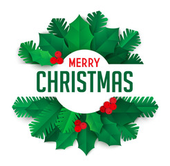 christmas composition with green spruce branches, holly leaves and berries on white background. bann