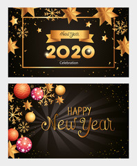 Sticker - set of posters happy new year with decoration vector illustration design