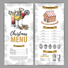 Wall Mural - Christmas menu design with sweet gingerbread house, cupcakes and cocktails