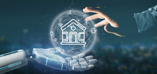 Poster - cyborg holding smart home interface with icon, stats and data 3d rendering