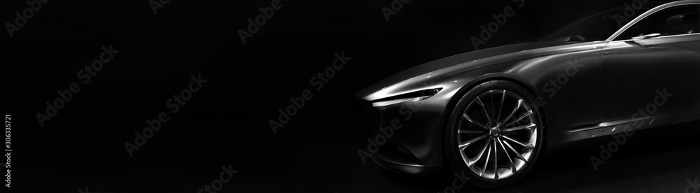 Silhouette of black sports car with one LED headlights on black background,copy space - obrazy, fototapety, plakaty 