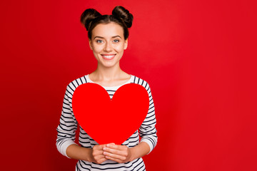 Wall Mural - Portrait of positive girl happy girlfriend have 14-february date receive hold big red paper card heart wear casual style white outfit isolated over red color background