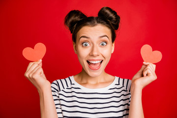Wall Mural - Omg 14-february wow. Astonished funky girl have date with boyfriend get small red paper card heart scream wear trendy white pullover isolated over red color background