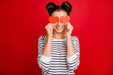 Wall Mural - Portrait of cheerful dreamy girl have date with her boyfriend get paper card little heart lose cover eyes hide secret wear white sweater isolated shine color background