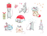 Fototapeta Dziecięca - Cute set with New Year (Christmas) pretty mice (rats) with decorations, gift boxes, candies, christmas sock, snowflakes. Hand drawn watercolor illustration for winter design with new year 2020 symbol.