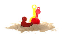 Plastic Beach Toys For Kids, Shovel In Sand Pile, Isolated On White Background