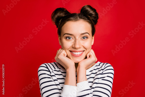 Fotomural Close up photo of content lovely girl dream dreamy emotions good look wear casua