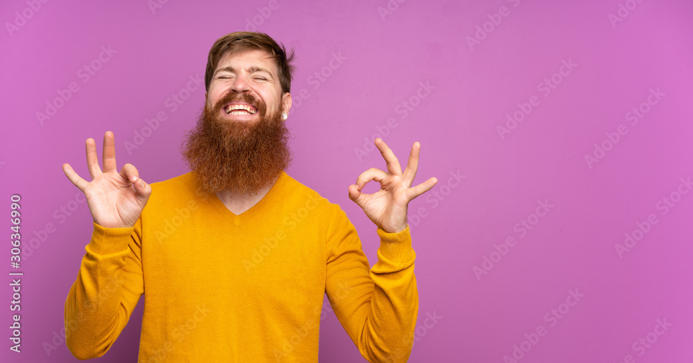 Redhead man with long beard over isolated purple background in zen pose - obrazy, fototapety, plakaty 
