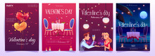 Valentine's Day Banners Set. Invitation For Romantic Dating Or Party For Couples In Love For Having Dinner With Champagne, Meal And Burning Candles In Intimate Atmosphere. Cartoon Vector Illustration