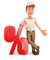 Wall Mural - 3d delivery man leaning against percent sign