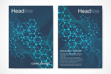 Poster - Vector templates for brochure magazine leaflet flyer cover booklet annual report. Modern futuristic hexagonal pattern with particle, molecule structure for medical, technology, chemistry, science.