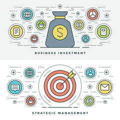 Poster - Flat Outline Strategic Management and Investment vector illustration