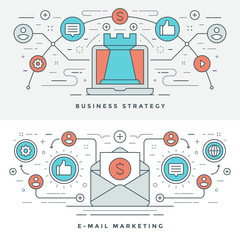 Poster - flat outline business strategy and marketing vector illustration.