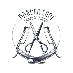 Vintage barbershop or hairdressing salon emblem, scissors and old straight razor, barber shop logo