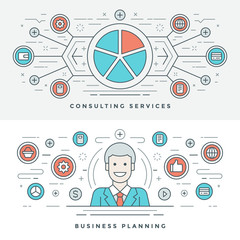 Poster - Flat Outline Business Planning and Consulting vector illustration.