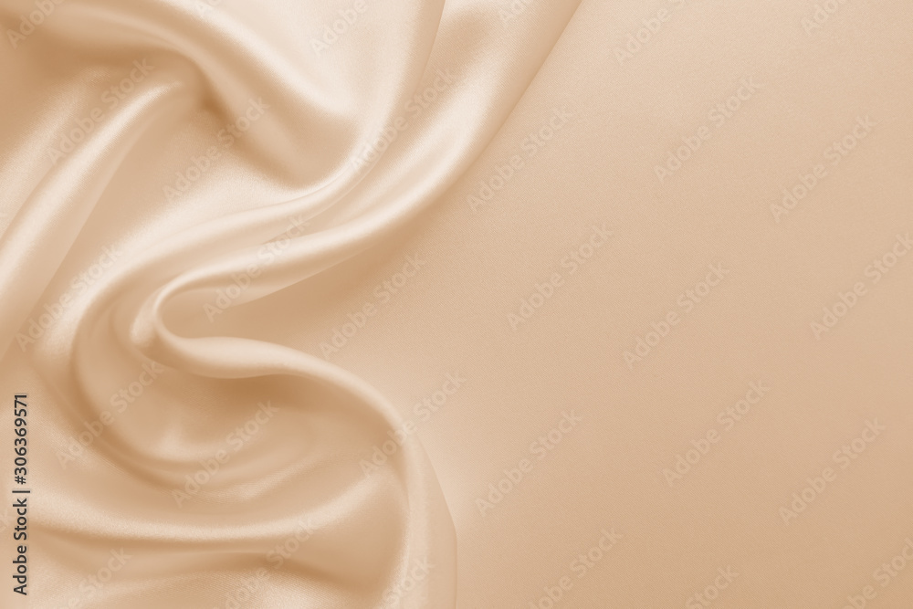 Beautiful smooth elegant wavy beige / light brown satin silk luxury cloth fabric texture, abstract background design. Copy space. Card or banner - obrazy, fototapety, plakaty 