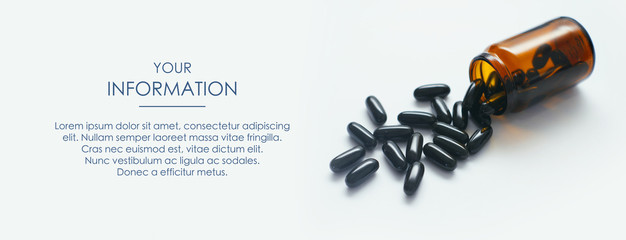 Wall Mural - Pills spilled out of a glass jar. Medical conception. First Aid Kit. Web article template. Long header banner format. Sale coupon. Visit card. Your information. Text space.