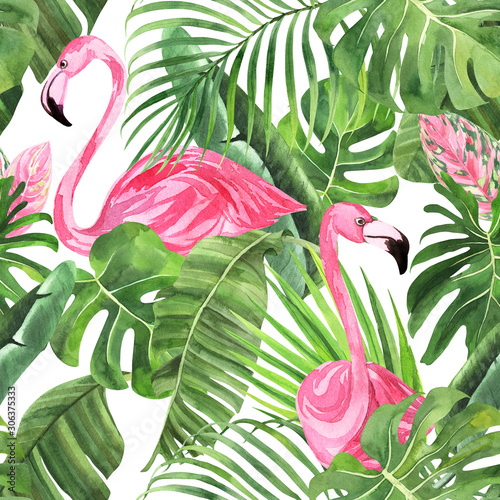 Plakaty Flamingi   dzungla-na-bialym-tle-wzor-z-tropikalnych-lisci-banan-potwora-palmowego-flaming-na