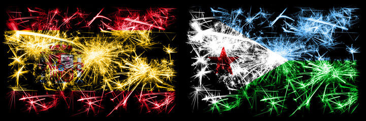 Spanish vs Djibouti New Year celebration sparkling fireworks flags concept background. Combination of two abstract states flags.