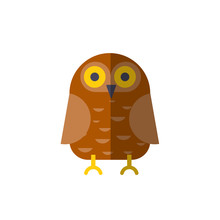 Vector Flat Owl Icon. Vector Owl Illustration, Flat Style. Brown Forest Bird - Cartoon Flat Modern Illustration, Icon Of Owl With Big Yellow Eyes And Brown Wings Isolated On White. Simple Forms
