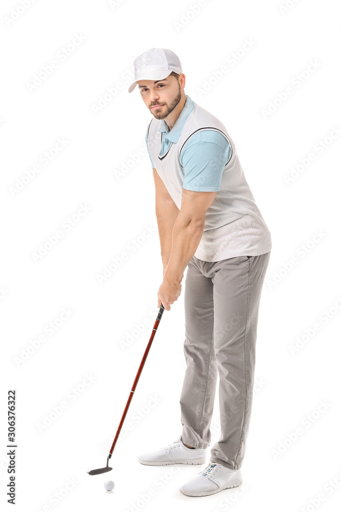 Handsome male golfer isolated on white