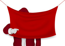 Happy Santa Hand Pointing At Red Blank Banner