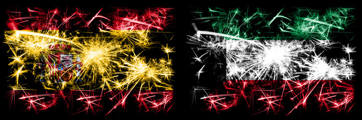 Spanish vs Kuwait, Kuwaiti New Year celebration sparkling fireworks flags concept background. Combination of two abstract states flags.