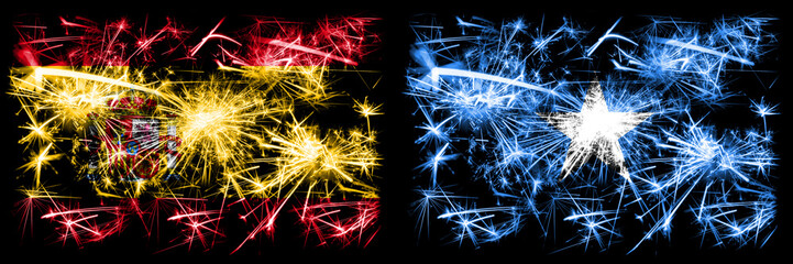 Spanish vs Somalia, Somalian New Year celebration sparkling fireworks flags concept background. Combination of two abstract states flags.