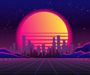 Wall Mural - Retro 80s wave space, 1980s retro futuristic style background, digital landscape in the cyber world. For use as a cover for a music album. Suitable for any 80s style print design.