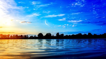 Wall Mural - the romantic moon over water . crescent moon with beautiful sunset background . generous ramadan . n