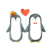 Cute Watercolor Penguins With Heart Balloon On White Background. Valentine's Day Couple