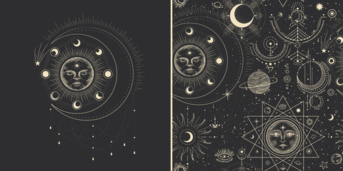 Vector illustration set of moon phases. Different stages of moonlight activity in vintage engraving style. Zodiac Signs