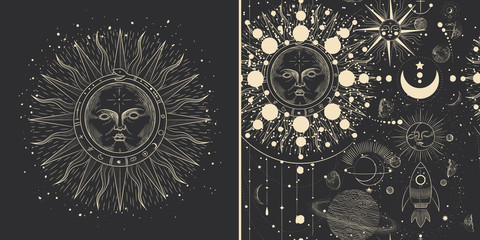 Vector illustration set of moon phases. Different stages of moonlight activity in vintage engraving style. Zodiac Signs