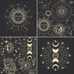 Vector illustration set of moon phases. Different stages of moonlight activity in vintage engraving style. Zodiac Signs