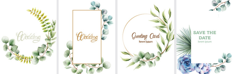 Wall Mural - Wedding set of invitation cards with leaves and flowers ornaments. Vector