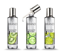 Set Of Silver Oil Bottles With Kiwi, Cucumber And Lime Drawings. Place For Brand. Vector