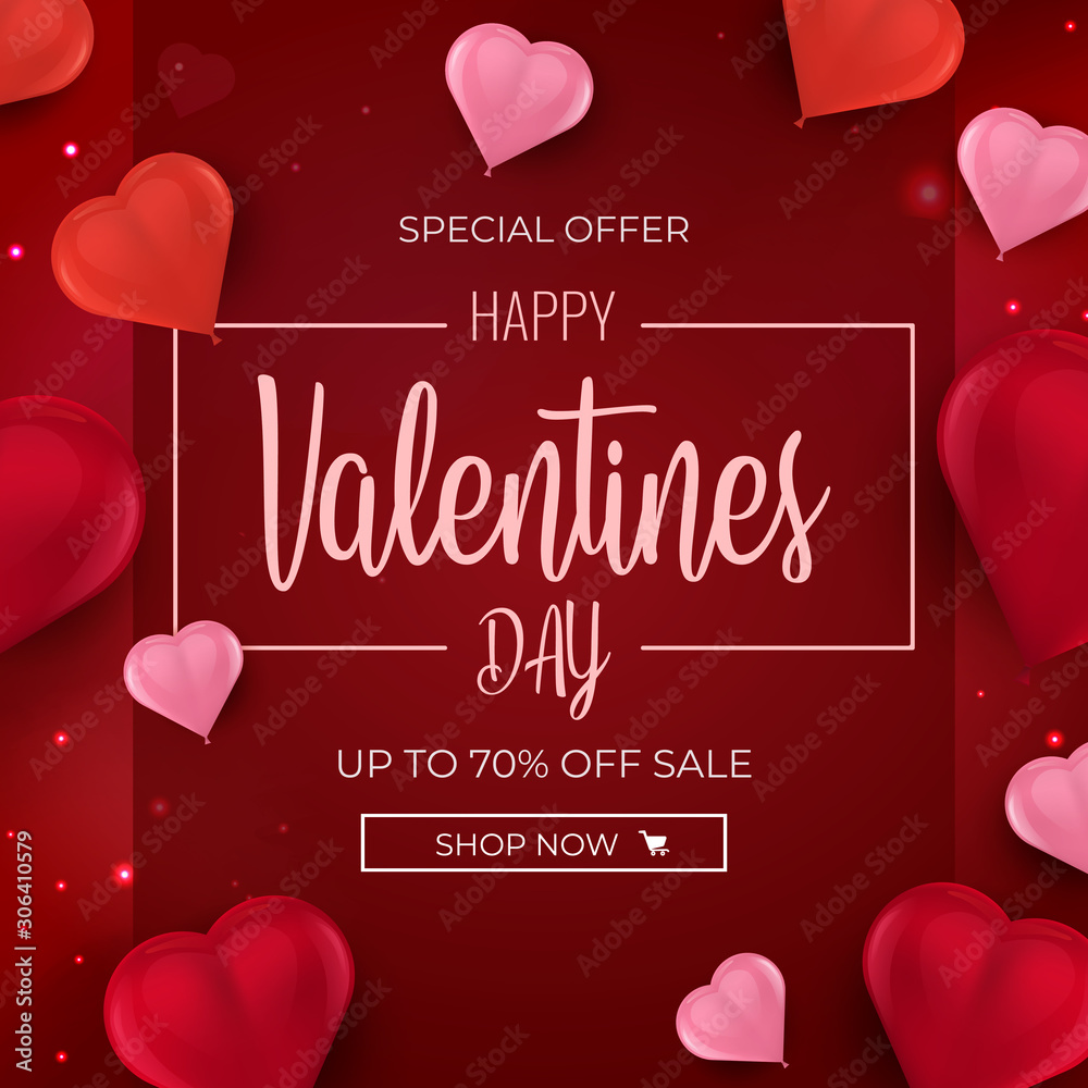 Happy Valentine's Day holiday banner with 3d red and pink air balloons ...