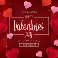 Happy Valentine's Day Holiday Banner With 3d Red And Pink Air Balloons
