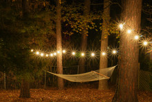 A Hammock Is Strung Up Between Two Trees Surrounded By Cafe Lights With Starbursts; Romantic Peaceful Evening