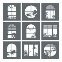 Collection Of Windows Silhouette Of Various Designs Isolated. Window City At Night. Vector Illustration Of Apartment Blocks With Windows, In Which Silhouettes Of Tropical And Home Plants And Curtains.