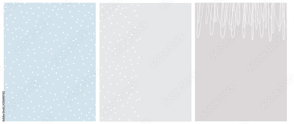 Simple Seamless Dotted Vector Pattern and 2 Layouts. Print with White Irregular Dots on a Light Blue Background. Layouts with White Hand Drawn Childish Style Scribbles and Tiny Dots on a Gray. - obrazy, fototapety, plakaty 