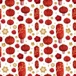 Watercolor seamless pattern with red lanterns and golden elements for the celebration of Chinese New Year 2020.Hand drawn lanterns, golden details, flowers for making cards and for your own design.