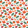 Seamless pattern with tangerines and red bows on a white background. Hand drawn watercolor tangerines, Christmas tree branches, bows for wrapping paper and greeting cards.