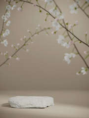 Poster - Background for cosmetic product branding, identity and packaging inspiration. White stone podium with foreground plant and flower on tan color background. 3d rendering illustration.
