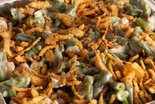 Background Of Traditional Green Bean Casserole With Fried Onions